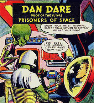 The Mekon confronts Dan Dare via a 3-D video-phone